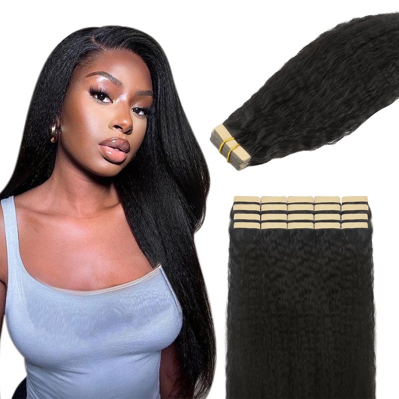 Lashey Tape in Hair Extensions Human Hair Kinky Straight 22 Inch 50g 20pcs Soft Remy Hair Invisible Tape ins for Black Women Natural Black